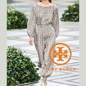 TORY BURCH $529 2020 Logo / Foral Silk Trousers